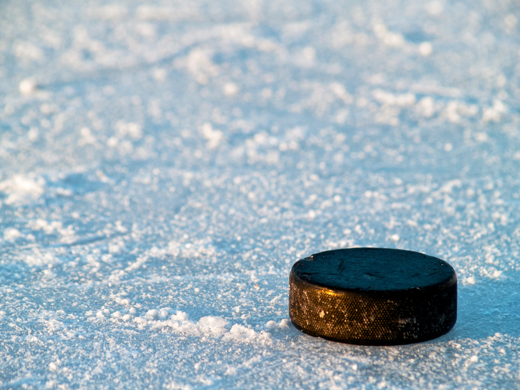 hockey puck on ice at sunset