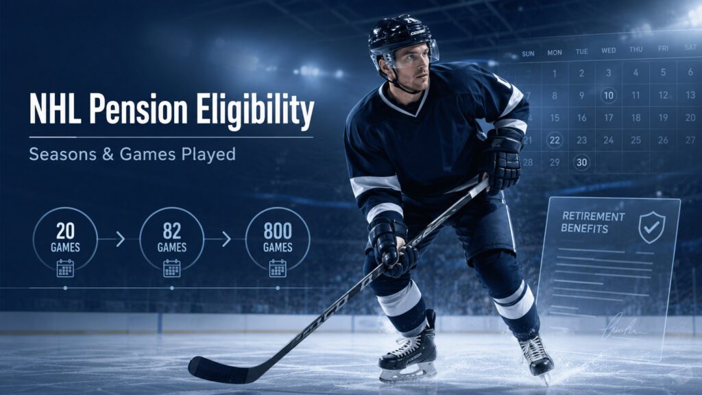 NHL Pension Eligibility infographic showing 20, 82, and 800 games played milestones, with a hockey player in navy jersey on ice and a retirement benefits document icon.