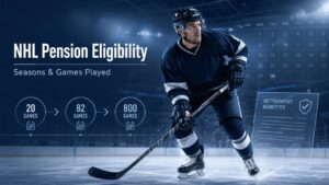 NHL Pension Eligibility infographic showing 20, 82, and 800 games played milestones, with a hockey player in navy jersey on ice and a retirement benefits document icon.